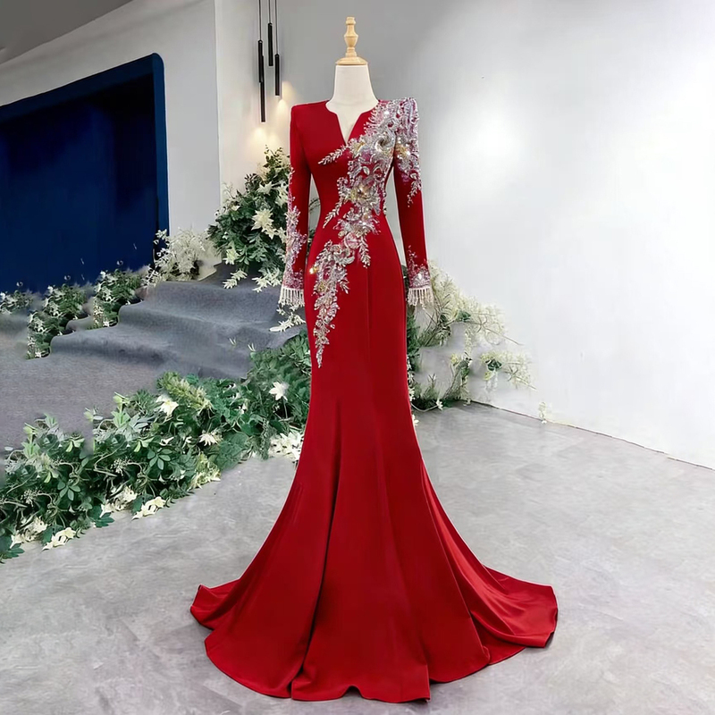Red Fishtail Evening Dress with Heavy Tassels, Long Sleeves, Suitable for Annual Meetings, Hostess Gown, High-End Vocal Performance Attire