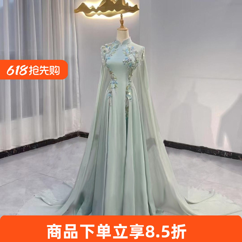 Guzheng Performance Dress, High-End Annual Meeting Choir Conductor Performance Costume, New Chinese-Style Host Folk Music Vocal Art Exam Dress