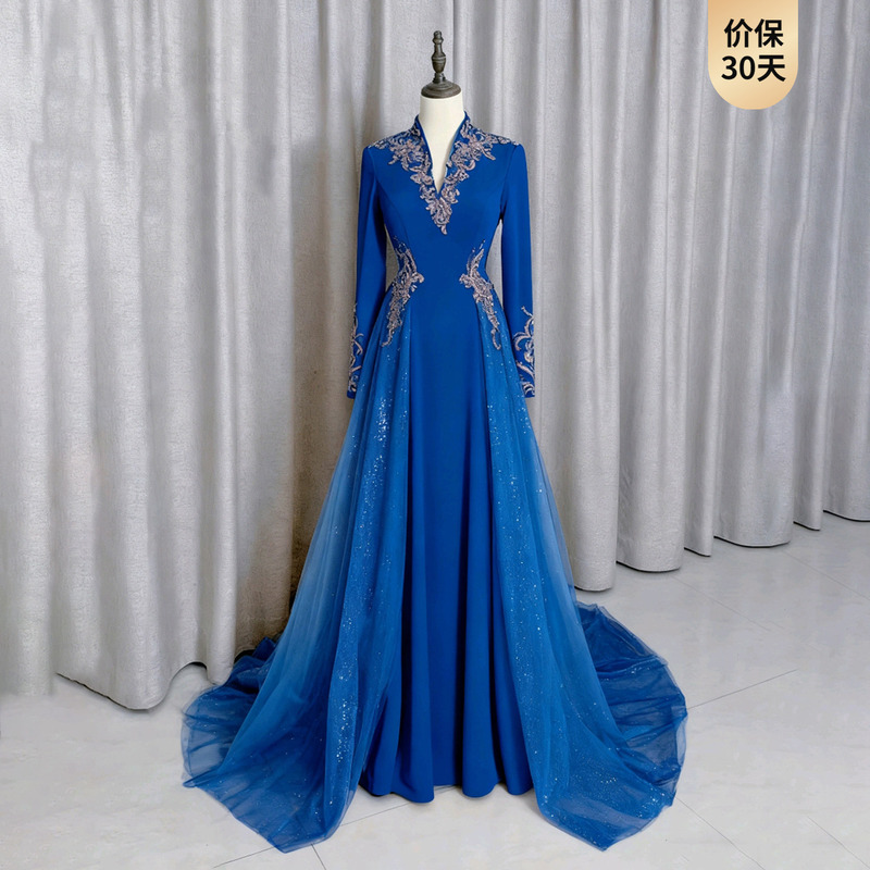 Blue Host Evening Gown, Elegant and Grand, Suitable for Guzheng Performance, Choir Performance, Ethnic Vocal Solo, and Art Exam Dress