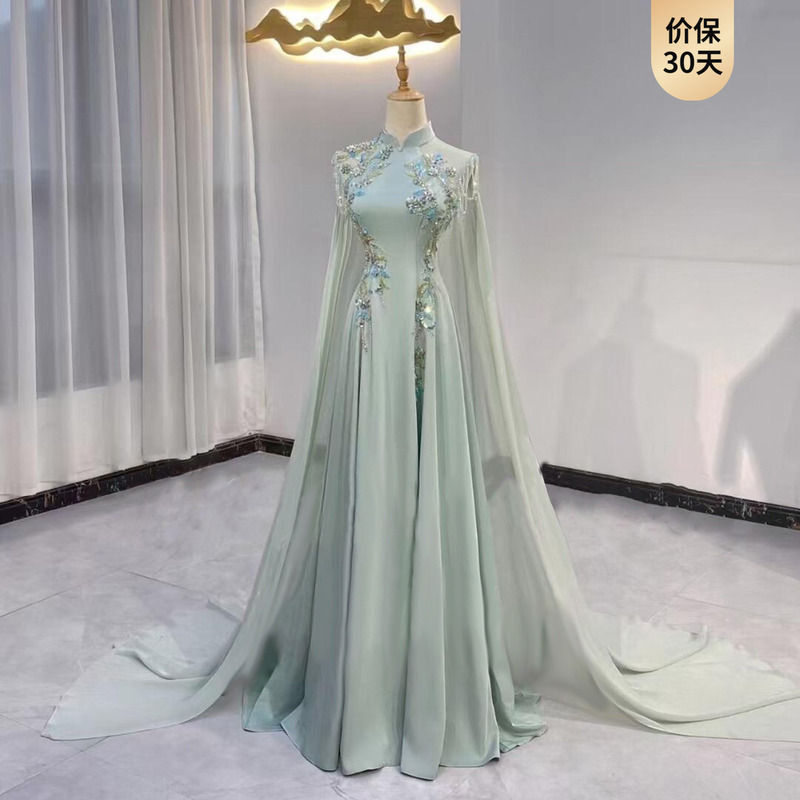 Guzheng Performance Dress, High-End Annual Meeting Choir Conductor Performance Costume, New Chinese-Style Host Folk Music Vocal Art Exam Dress