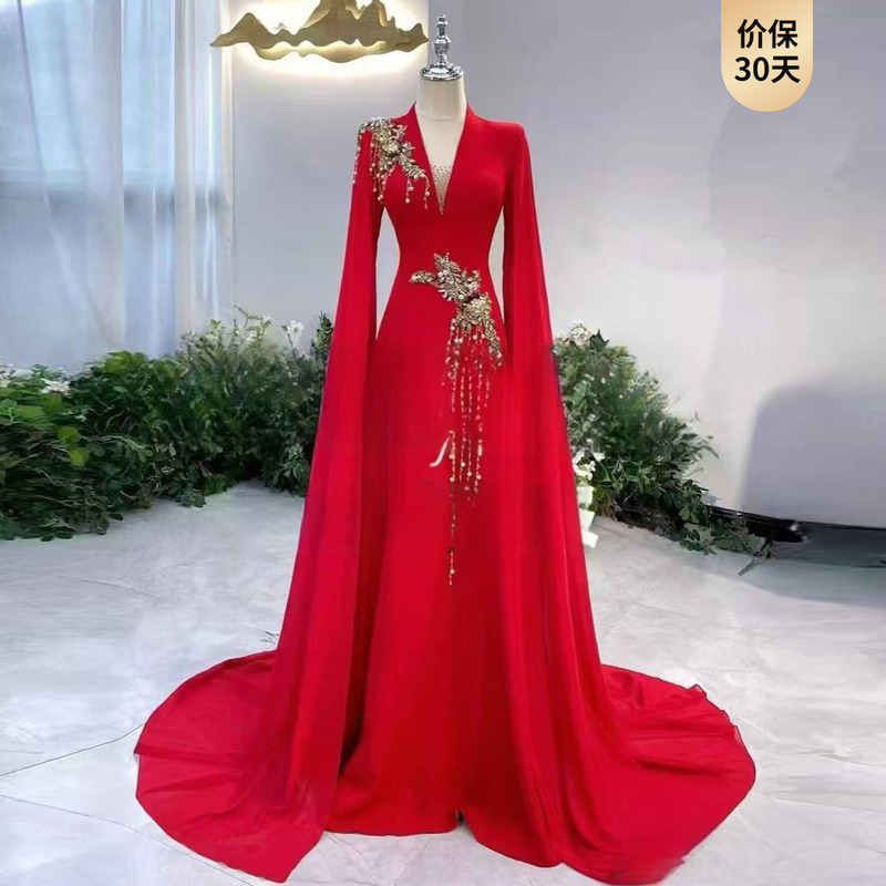Elegant and Dignified Hostess Dress for Guzheng and Piano Performance, Red Dress for Choir Conductor, Folk Music, Vocal Arts Exam Performance Attire Elegant and Dignified Hostess Dress for Guzheng and Piano Performance, Red Dress for Choir Conductor, Folk Music, Vocal Arts Exam Performance Attire