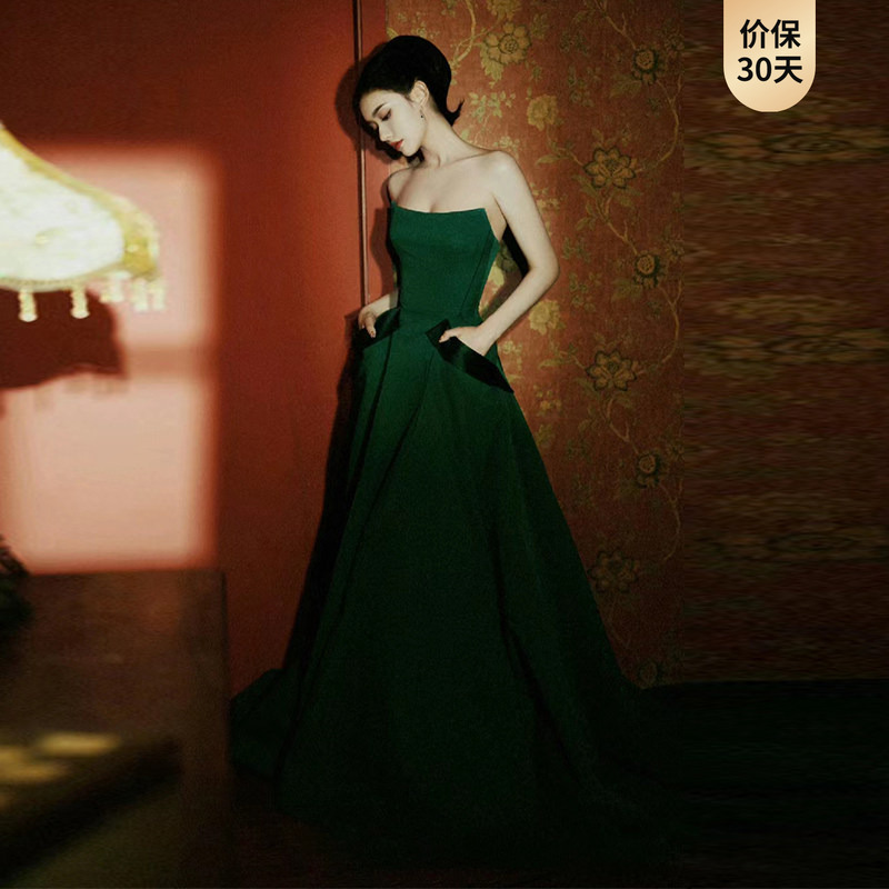 Celebrity-Inspired Evening Dress Wang Churan Dark Green Niche Strapless Host Banquet Art Exam Choir Performance Dress for Women Celebrity-Inspired Evening Dress Wang Churan Dark Green Niche Strapless Host Banquet Art Exam Choir Performance Dress for Women