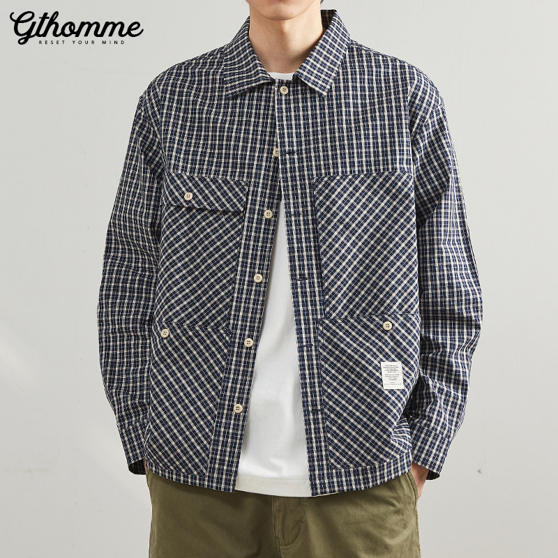 2022 Spring Autumn New Men's Shirt Loose Plaid Shirt Trendy Casual 100 Hitch Handsome Tooling Long Sleeve Jacket