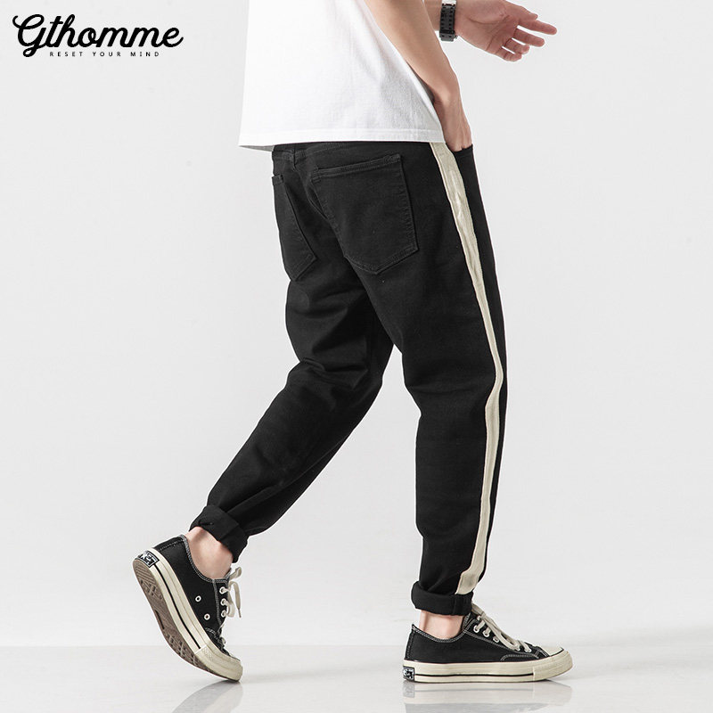 End of season clearance 25% off spring and autumn men's jeans trend slim black trousers striped sweatpants