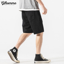 Summer new mens black denim shorts loose straight Korean fashion casual thin overalls pants five points