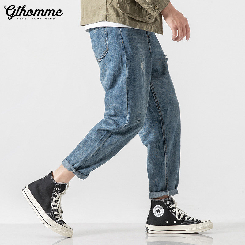 Spring Autumn Breaking Hole Jeans Male Korean Version Trendy Casual 90% Loose Straight Drum Set Pants 2022 Tide Card Long Pants