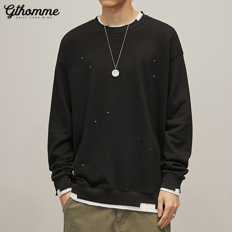 Autumn pullover casual jacket men's jacket long sleeve loose round neck Korean trend Joker casual fake fake two autumn clothes paint points