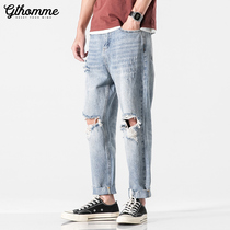 Autumn new mens broken hole jeans loose straight thin trend light color versatile casual ankle-length pants men