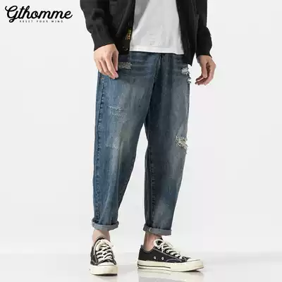 Autumn tooling broken hole jeans men's ankle-length pants loose straight tube thick vintage youth Harlan Tide men's Tide brand