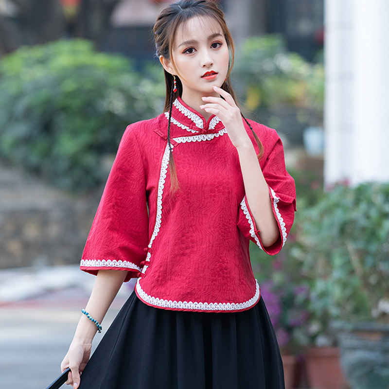 Chinese women's clothes Chinatown suit Spring and summer retro style Chinese style clothes with improved qipao blouses Chinese wind cotton linen tea suits