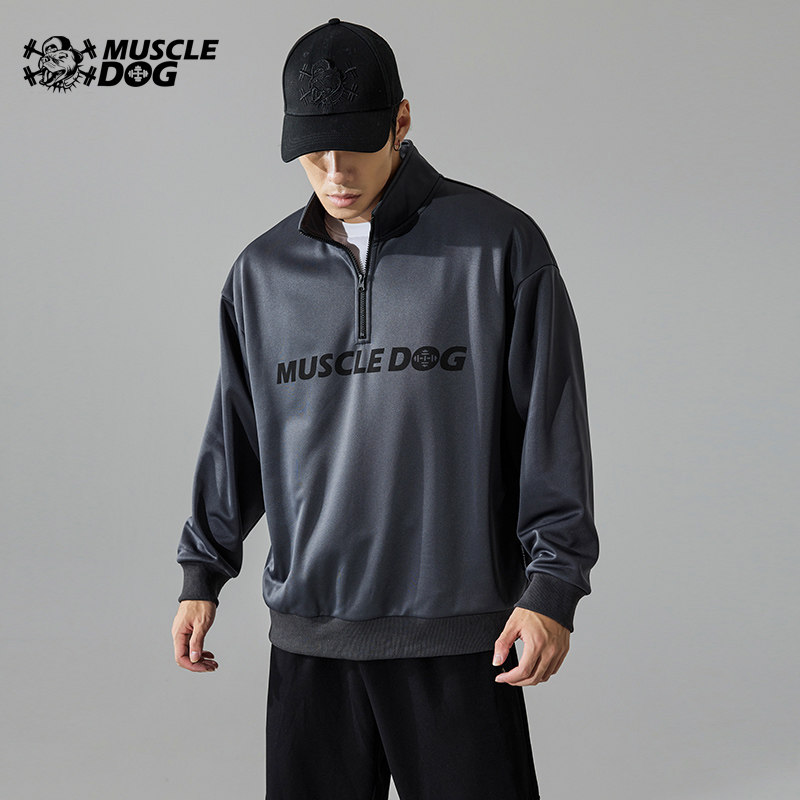 Muscle Dog Tide sports semi - zipper men autumn winter loose tie - up fitness long sleeve training cover