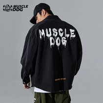 Muscle Dog Spring and Autumn High Street Tide Brand Sports Leisure Thin Jacket Loose Stand Collar Brushed Denim Jacket Men