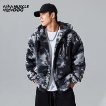 Muscle Dog Tide Brand Sherpa Jacket Mens Winter Trend Tie-Dye Sports Casual Hooded Cardigan Cotton Jacket