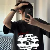 Абстрактная копия лица 260 граммов тяжелого хлопка!Ретро перекрывающаяся лицевая улица короткая