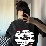 Абстрактная копия лица 260 граммов тяжелого хлопка!Ретро перекрывающаяся лицевая улица короткая