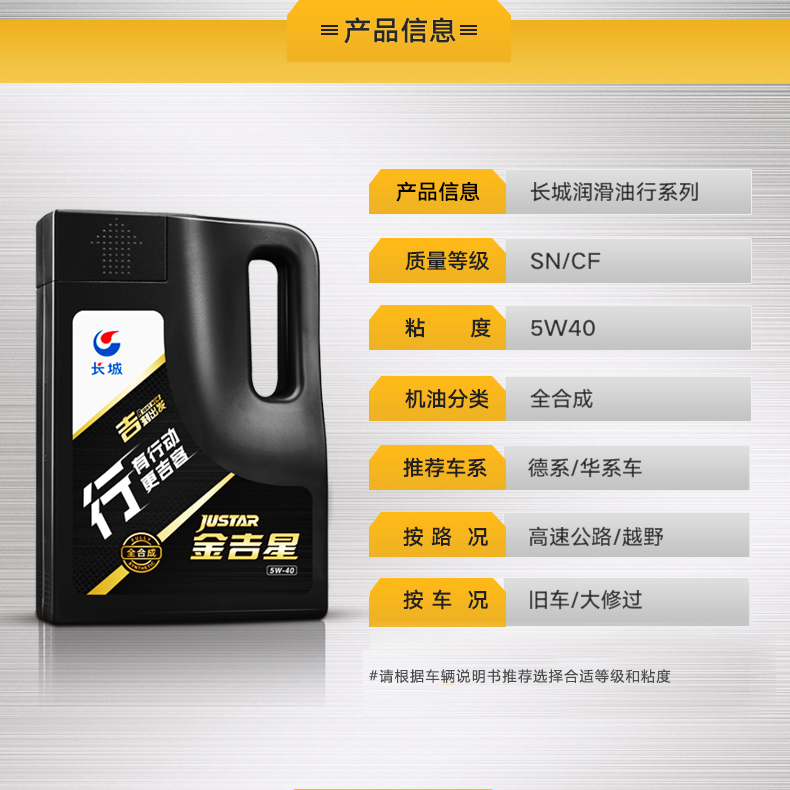长城金吉星 SN 5W-40 全合成 汽车机油 5L 图2