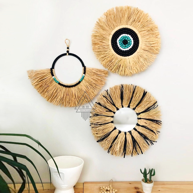 Moroccan Hemp Rope Wood Pearl Mirror SILENT WIND ROUND RAFFI GRASS WALL HANGING ACCESSORIES HAND GRASS CHOREOGRAPHER DECORATIONS