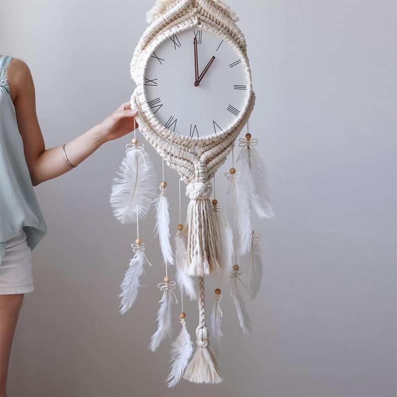 Feather Creativity Woven Hanging Clock Silent Living Room Dining Room Dining Room Folk Fashion Bell Accessories Teenage Girl Hearts Wall Decoration Hanging Accessories