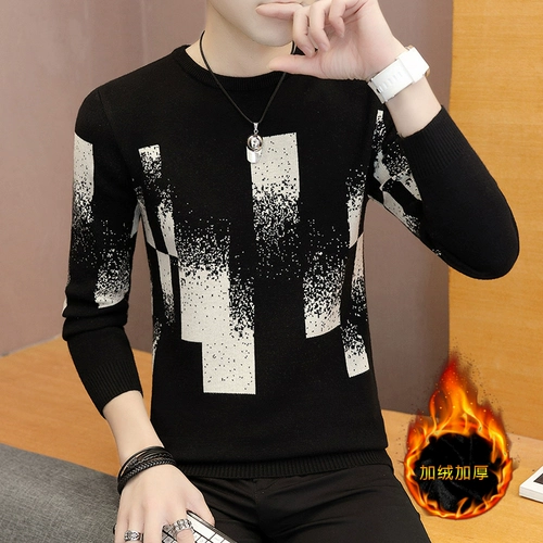 Мужской утепленный демисезонный трендовый трикотажный свитер для отдыха, круглый воротник, коллекция 2021, в корейском стиле