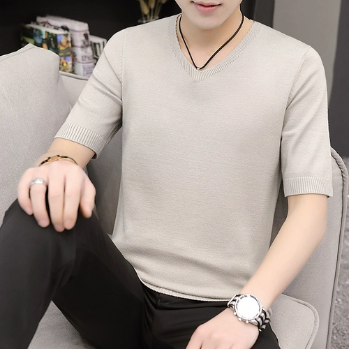 Мужской демисезонный свитер, трикотажная цветная удерживающая тепло футболка, короткий рукав, V-образный вырез, облегающий крой