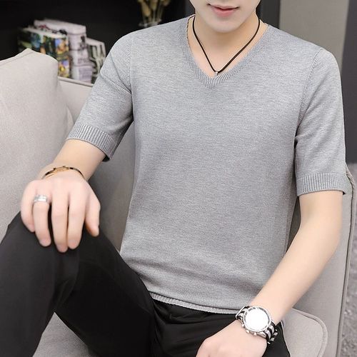 Мужской демисезонный свитер, трикотажная цветная удерживающая тепло футболка, короткий рукав, V-образный вырез, облегающий крой