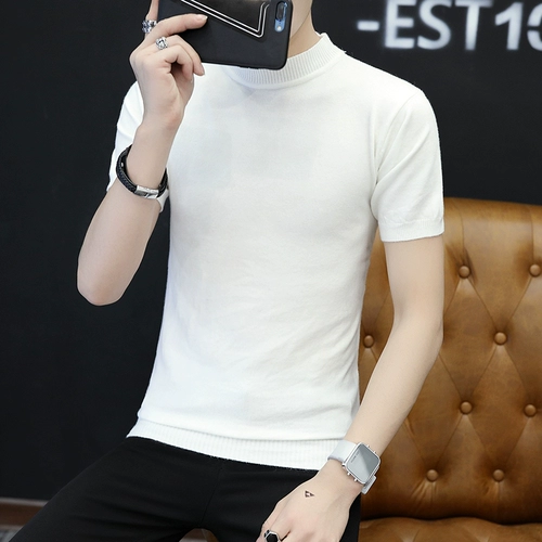 Мужской демисезонный свитер, трикотажная цветная удерживающая тепло футболка, короткий рукав, V-образный вырез, облегающий крой