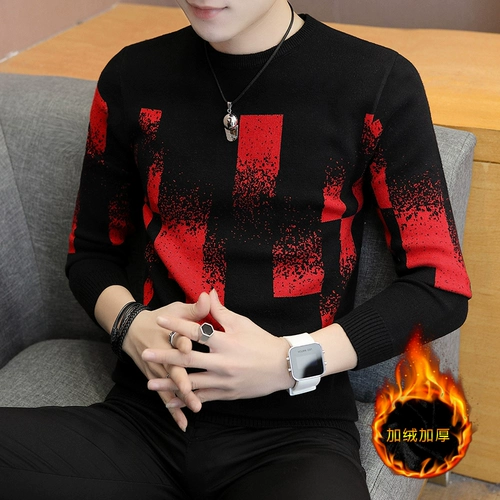 Мужской утепленный демисезонный трендовый трикотажный свитер для отдыха, круглый воротник, коллекция 2021, в корейском стиле