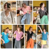 Однотонная футболка для отдыха, делается под заказ, в корейском стиле, большой размер, свободный крой, V-образный вырез