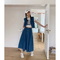 Ретро джинсовый жилет, юбка, комплект, А-силуэт, большой размер