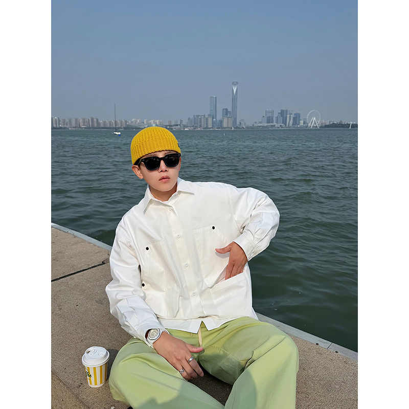 Cookawu Japanese-Style Cityboy Work Shirt for Men and Women with Multiple Pockets, Rivets, Pure Cotton, White Long-Sleeve Shirt