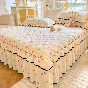 New Thickened Quilted Bed Skirt Single Piece Korean Style Bed Cover Non-Slip Pure Cotton Three-Piece Set with Lace Trim 