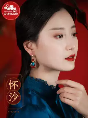 Retro earrings female glass national style ancient earrings earrings earrings Hong Kong style women retro ear hanging jewelry temperament Red