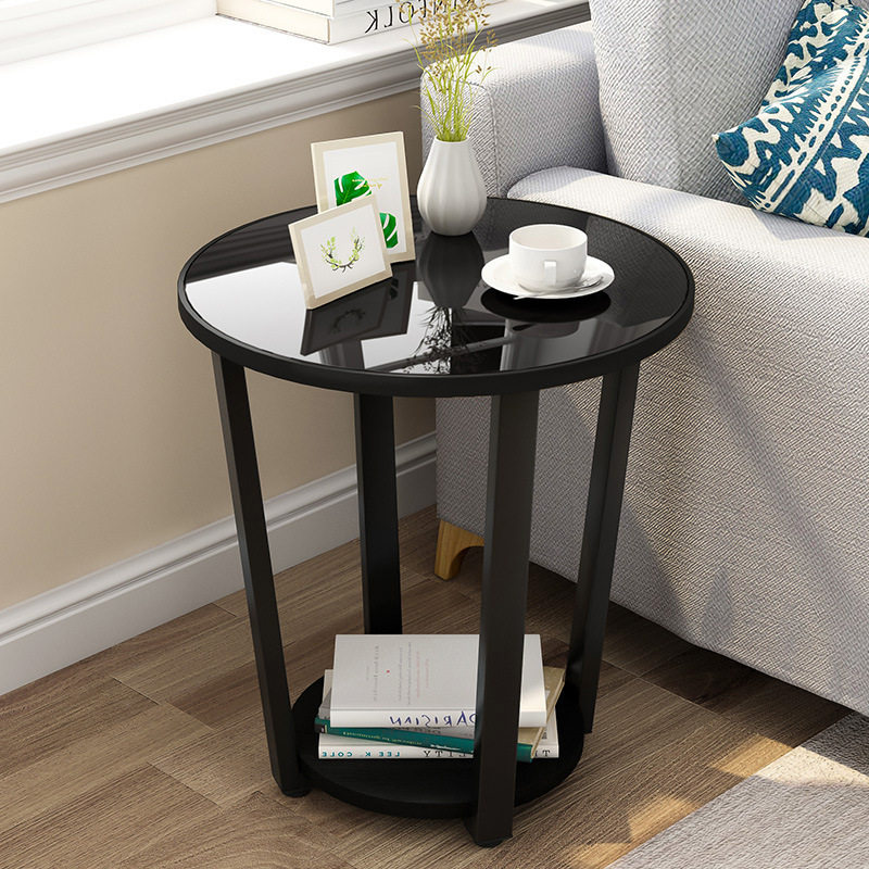 50x57cm round log color tempered glass small apartment simple double-layer steel frame small round table side coffee table