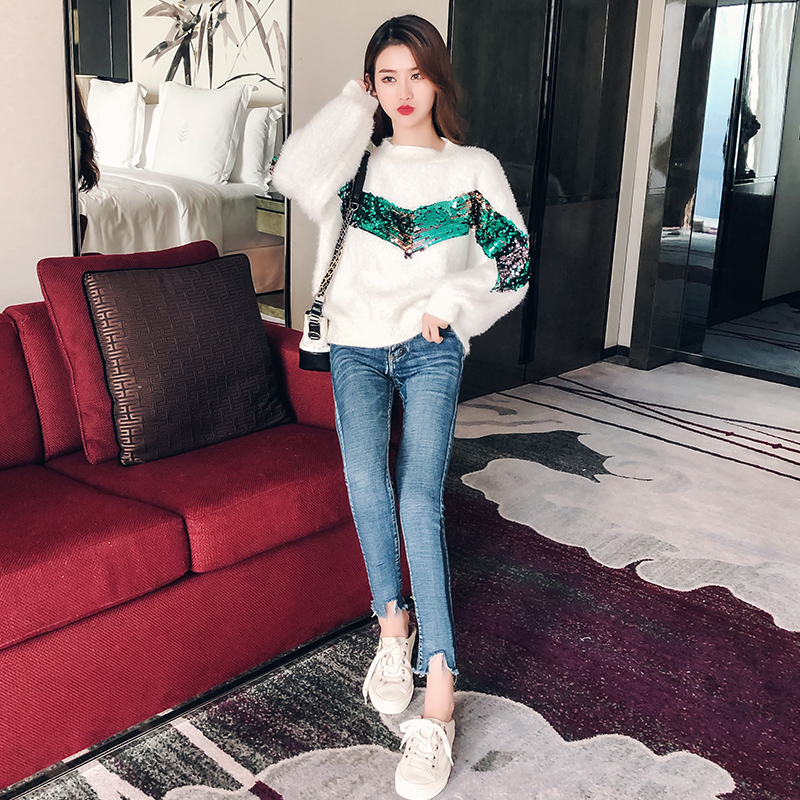 2018 thu đông mới làm việc nặng nề sequin nhung nước trùm đầu lỏng tay áo len tay áo len cổ tròn quan ao nu
