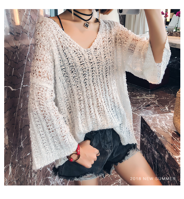 Openwork đan áo len nữ 2018 đầu mùa thu mới của Hàn Quốc phiên bản của bộ lỏng lẻo của hoang dã V-Cổ áo là mỏng dài tay áo sơ mi áo len nữ hàn quốc