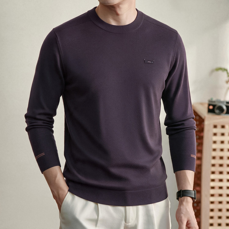 American-Style Casual Round-Neck Knit Sweater for Men, Long-Sleeved Slim-Fit Pullover Sweater, Purple Base Layer Shirt American-Style Casual Round-Neck Knit Sweater for Men, Long-Sleeved Slim-Fit Pullover Sweater, Purple Base Layer Shirt