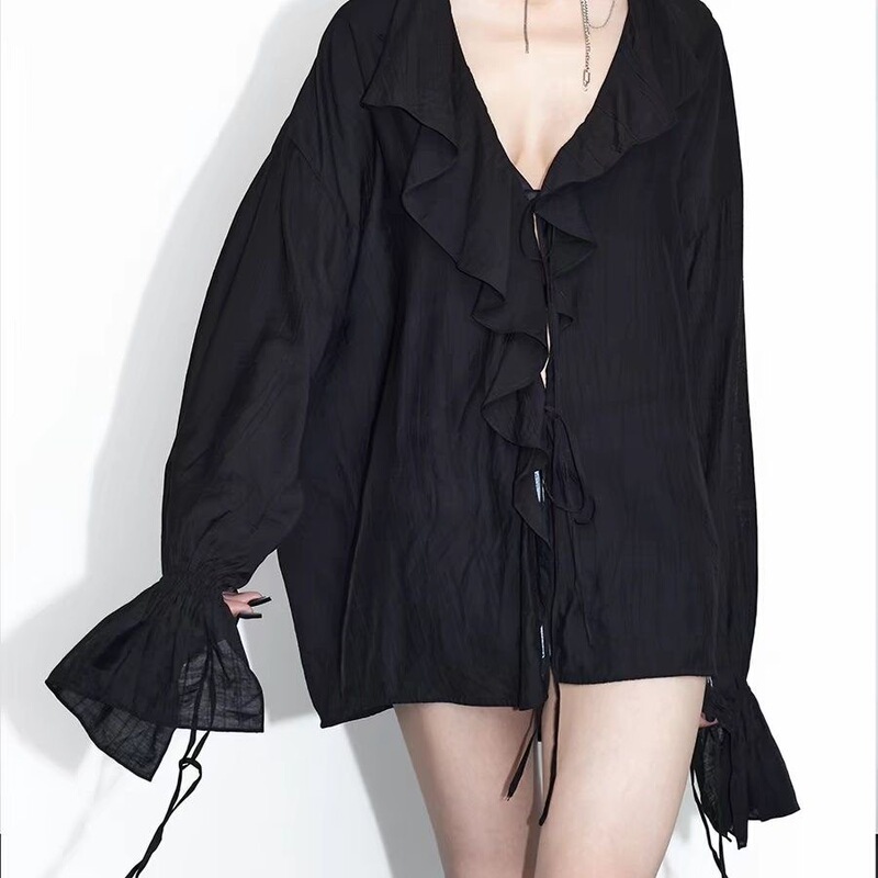 Dark Series Large Ruffled V-Neck Tie Cuff Black Loose Lightweight Sun Protection Shirt for Women with a Stylish Design Dark Series Large Ruffled V-Neck Tie Cuff Black Loose Lightweight Sun Protection Shirt for Women with a Stylish Design