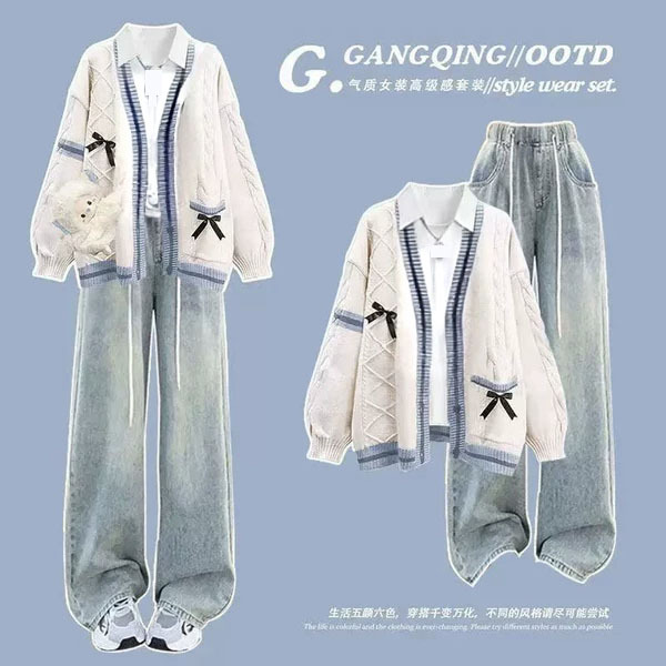 Korean-Style Autumn Outfit, College-Style Suit for Female 15-Year-Old Junior High School Students, Sweater Jacket + Jeans, Complete Set of Clothes for Women Korean-Style Autumn Outfit, College-Style Suit for Female 15-Year-Old Junior High School Students, Sweater Jacket + Jeans, Complete Set of Clothes for Women