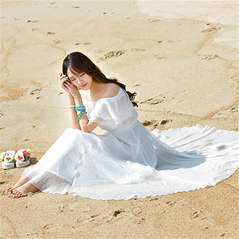 2021 Obliteration Holiday Beach Dresses Lined with Shoulders White long dress Large size Size CD Pseudo-Lady Changed Clothing Snowspun Foreign Dress