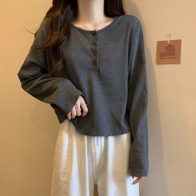 Plus-Size Gray Long-Sleeve T-Shirt, Spring 2026 New Women's Clothing, Slimming Low-Neck Short Knit Top for Chubby Women