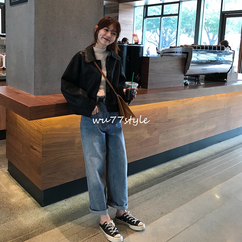 U77 Korea Cool đẹp trai áo khoác da màu đen Áo khoác lửng có khóa xiên túi dài tay áo xe máy nữ áo da dê