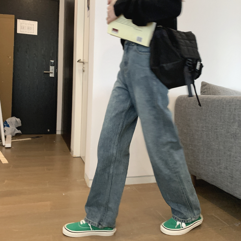 Wu 77 cool handsome jeans women's straight tube loose high waist mopping pants white water wash old wide leg trousers