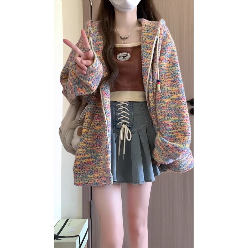 Rainbow Knit Cardigan for Women, Spring and Autumn, Loose, Lazy Style, American Retro Design, Niche, Sweet, Open-Front Sweater