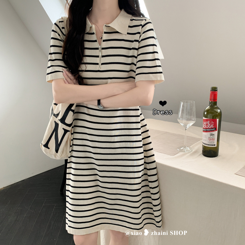 Polo Collar Striped Ice Silk Knit Dress for Petite Women, Summer Design, Niche Casual Short-Sleeve T-Shirt Dress