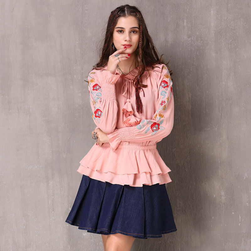 Brand Women's Clothing 2025 Autumn New Style Lace-Up Embroidered Top Retro Ruffled Long-Sleeved Shirt for Women B9253