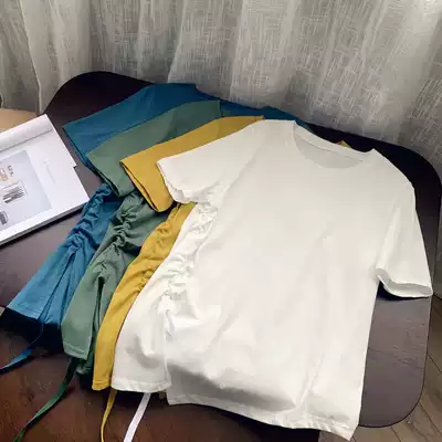 Nine buckle large size women's clothing 2020 summer new plus fat plus solid color round neck irregular drawstring short sleeve T533