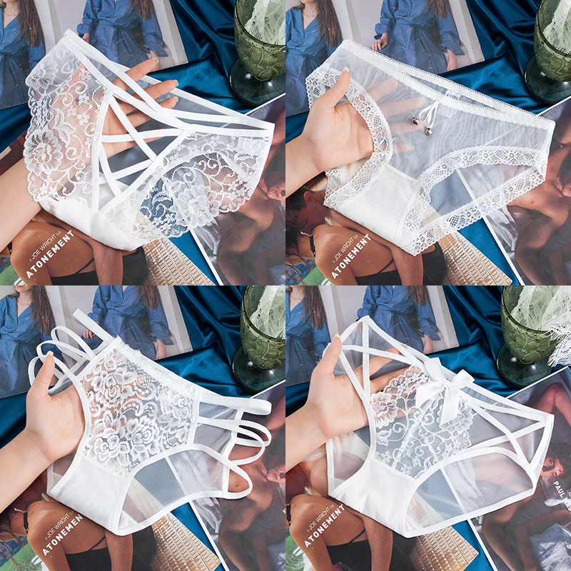 White Sexy Lace Low-Waist Seamless Ultra-Thin Sheer Transparent Hollow-Out Mesh Cotton Crotch Large Size Women's Panties
