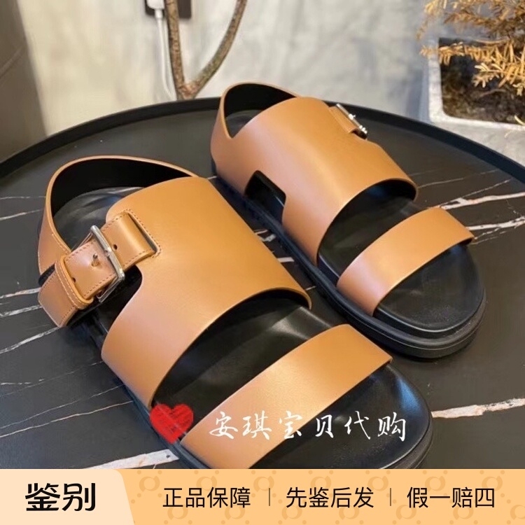 In-Stock Hermes Summer Gold Brown Men's Genuine Leather Casual Sandals Beach Shoes Slippers Sandals
