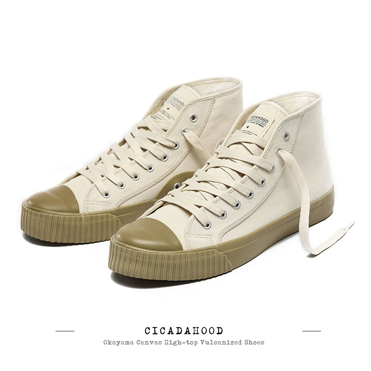 Cicadahood Japan Okayama canvas high cylinder vulcanised shoe olive green This white piece of original retro tooling