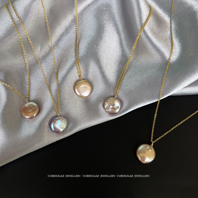 Natural Shine Sensation USA 14k BAG GOLD NATURAL BAROQUE BUTTON Pearl Necklace Lock Bone Chain